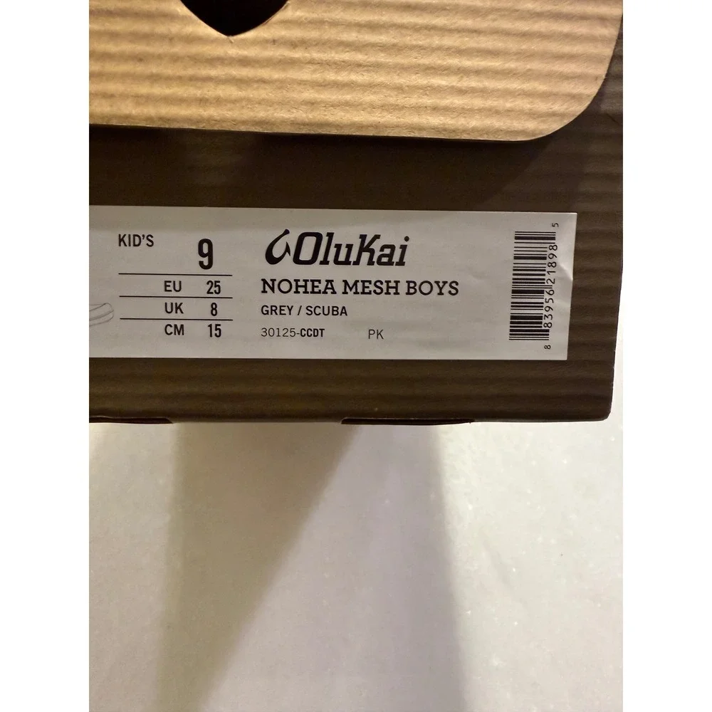 OluKai Nohea Mesh Boys Size 9 Grey Scuba Blue Slip On Sneakers 30125-CCDT NEW